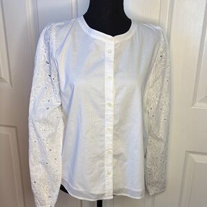 J. Crew White Cotton Button-Front Eyelet Sleeve Top size Medium